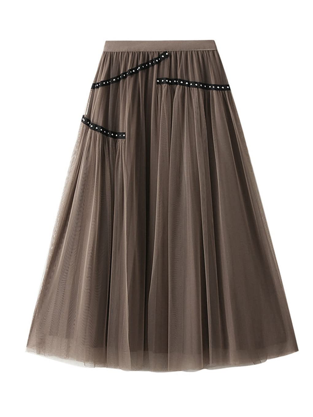 Dninmim Gonna lunga in tulle a vita alta da donna con scollo a V a vita alta e versatile gonna a pieghe midi