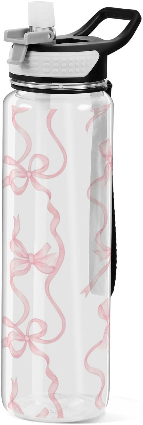 Watercolor Bows Water Bottle with Straw Lid 32oz Leakproof Clear Gym Water Bottles for Women Men Outdoor Sport Drinking