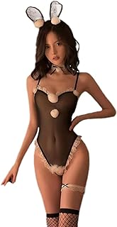 Wabmipe Women's Sexy Bunny Role-Play Lingerie, Mesh Sheer Plush Rabbit One-Piece Bodysuit for Costume, Cosplay Party