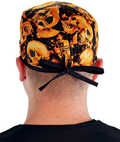 Sparkling Earth Tossed Orange Skulls On Black Unisex Classic Surgical Style Scrub Working Cap - 100% Cotton - Made In The Usa! #TOP1