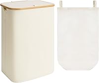 Vista 1 de StorageWorks Cesta de lavandería grande de 100 L con tapa, cesta de lavandería alta con asas de bambú y 1 bolsa interior extraíble, cesta de Beige