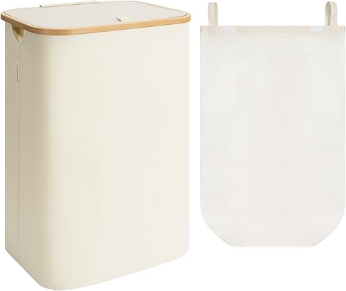 StorageWorks Cesta de lavandería grande de 100 L con tapa, cesta de lavandería alta con asas de bambú y 1 bolsa interior extraíble, cesta de Beige