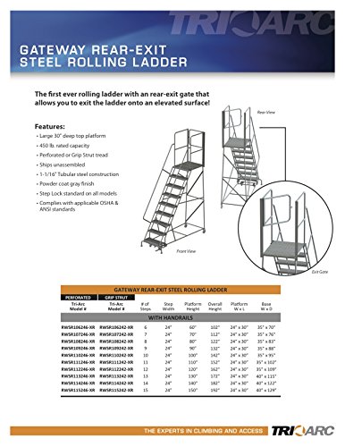 Tri-Arc RWSR110242-XR 10-Step Gateway Rear-Exit Steel Rolling Ladder with 30" Deep Top Platform, Grip Strut Tread with Handrails, 24" Wide Steps