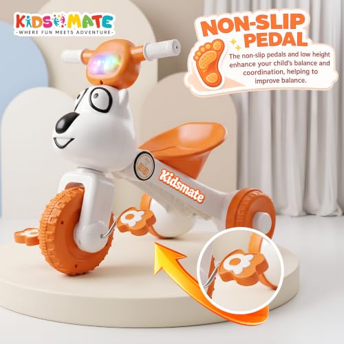 Image of Kidsmate Teddy Musical Tricycle for Kids 18-36 Months | Foldable Design with LED Lights on Handlebar | Baby Trike for Boys & Girls, Upto 18kg (Orange & White)