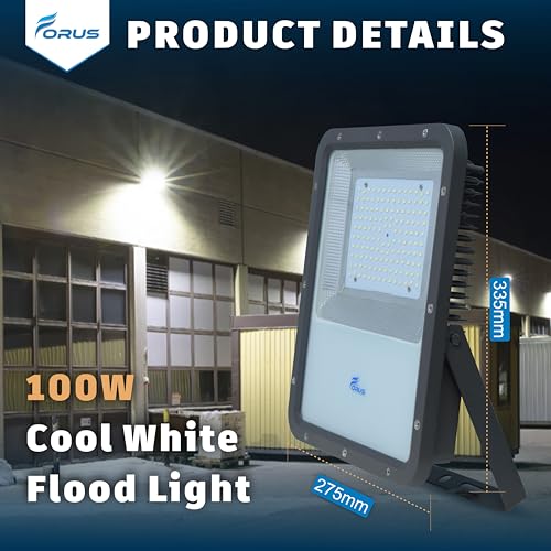 Image of Forus 100W LED Flood Light, IP67 Waterproof Outdoor Security Floodlight, High Mast Focus Cool White Light, Halogen Replacement for Factory, Garage, Garden, Parking, Warehouse | 4-Yr Warranty (1 PC)