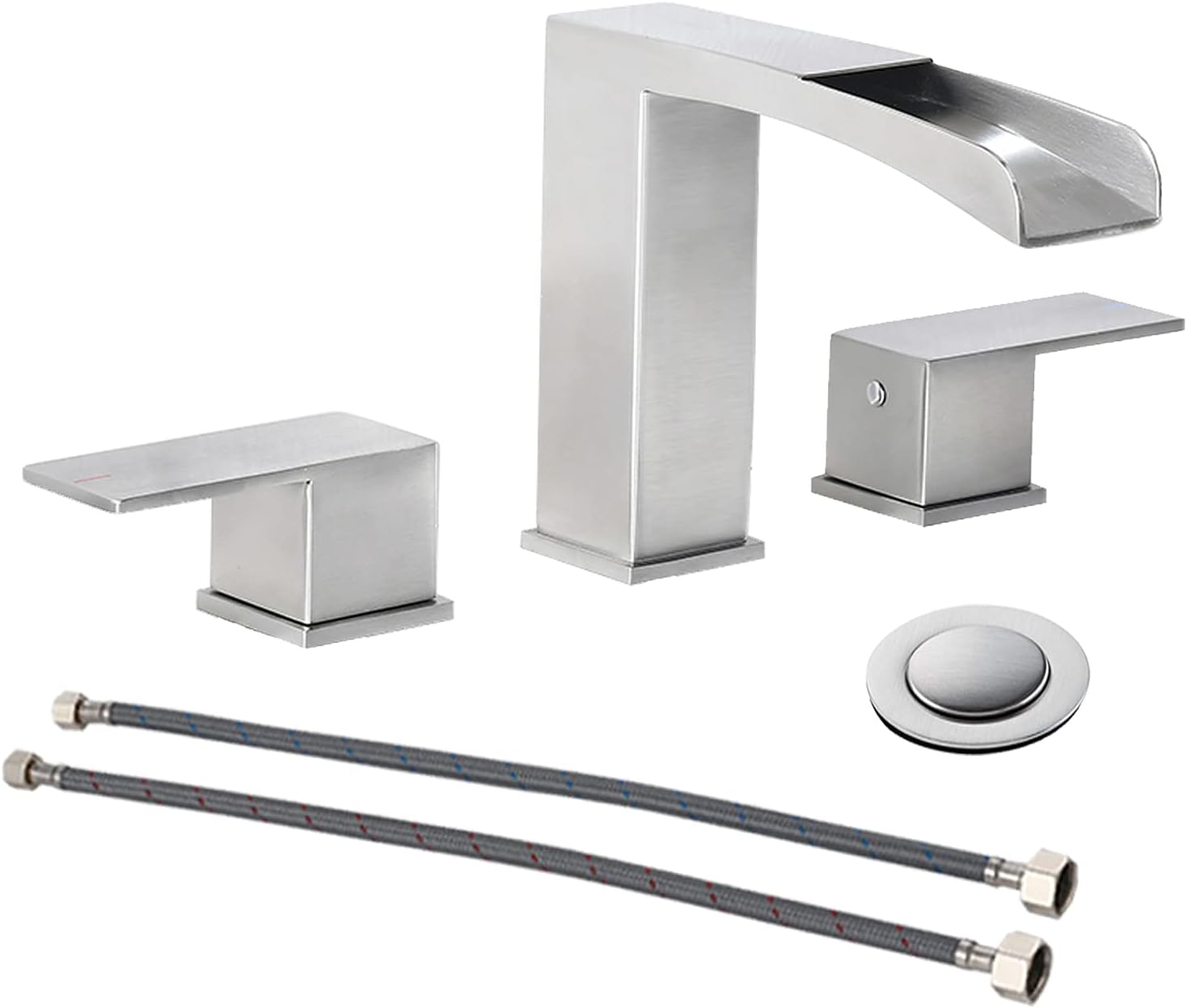 phiestina 8-Inch Brushed Nickel 3 holes 2 handles waterfall Bathroom sink faucet, with Metal Pop Up Drain Assembly & cupc Water Supply Lines ,NS-WF002-1-BN