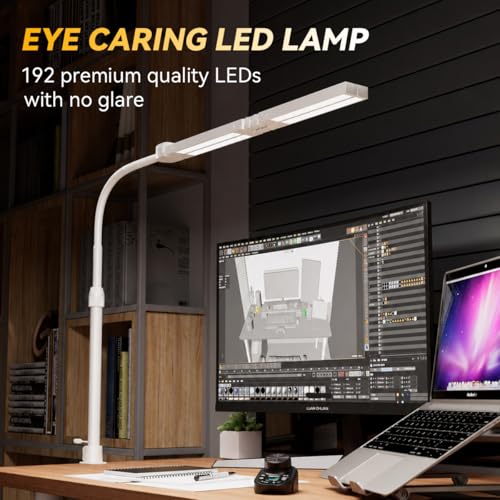 Image of Adjustable LED Desk Lamp with Clamp, 4-Head Eye-Caring CRI95+ Desk Light, Stepless Dimming & Color Temp Remote Control, Flexible Neck, 5-Mode for Reading, Computer, Crafting, 90 inch Wide Desk Coverage
