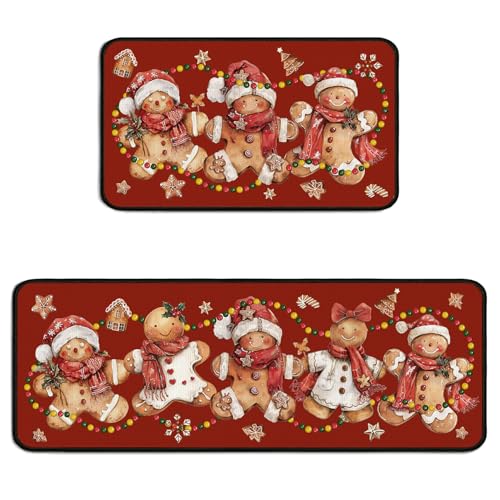 Christmas Kitchen Mats for Floor Gingerbread Kitchen Rugs Sets of 2 Red Xmas Non-Slip Washable Kitchen Decor Floor Rug Home Decoration Doormat 17x30+17x47