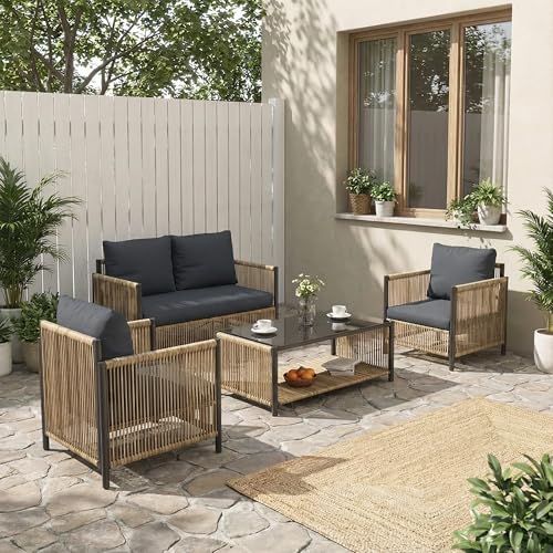 Image of Aluminum Outdoor Patio Furniture Set - 2 Pcs Armchair, Loveseat & Dual-Layer Coffee Table - Rope Sectional Conversation Sofa Sets with Washable Thick Cushion for Garden /Backyard /Porch