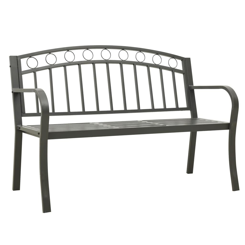 Graue Gartenbank mit integriertem Tisch, 120 cm breit, aus robustem, pulverbeschichtetem Stahl, ideal für Outdoor-Terrasse, Gartenmöbel im Außenbereich, Bequeme Sitzgelegenheit.