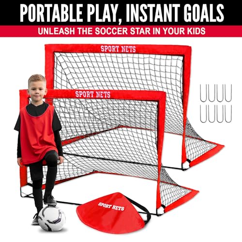 Pop Up Soccer Goal (2 Set, 3x5) with Carry Bag, Quick Twist Set Up and Take Down, Easy Assembly, Portable, Lightweight, and Instant Fold Design for Immediate Game Time Fun