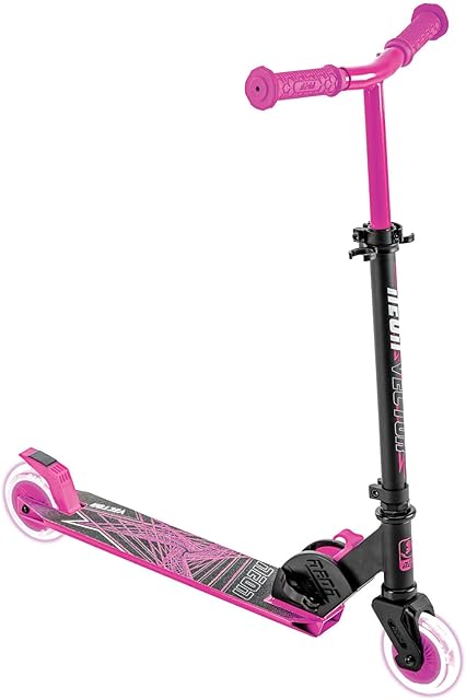 Yvolution Neon Vector Kick Scooter for Kids, Easy Folding Scooter with 2 Light up Wheels and and Rear Brake, Adjustable Height LED Scooer for Age 5 -12 Years Old Boy Girl Child (Blue & Pink)