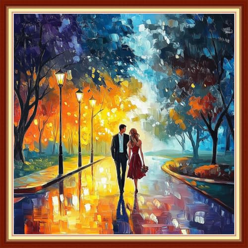 Image of Joyhoor Cross Stitch Kits for Beginners Stamped Cross-Stitch Supplies Needlework preprint Embroidery Kits for Adults DIY Needlepoint Kits Embroidery Patterns 11CT-Romantic Couple 18x18 inchs
