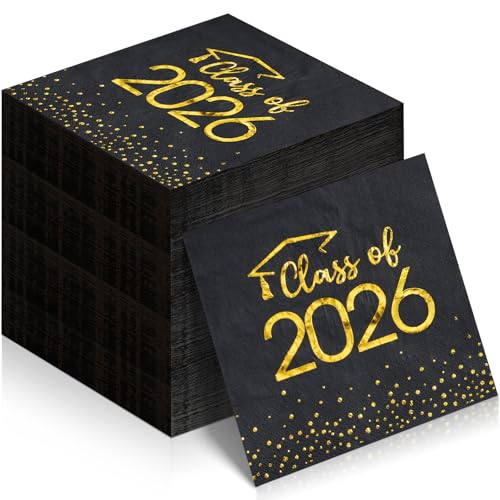 100Pcs Class of 2026 Graduation Napkins Disposable Congrats Grad Paper Cocktail Napkins Square Foil Dot Hand Towels for 2026 School University College Graduation Party Decorations (Black and Gold