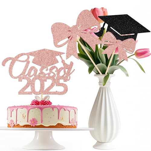 12PCS Pink Bow Graduation Decorations Coquette Class of 2025 Centerpiece Sticks 2025 Senior High School College Graduation Party Decoration Rose Gold Glitter