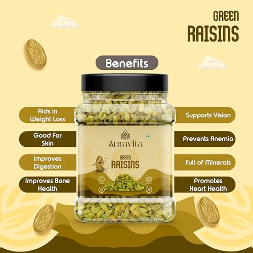 Image of Auravita Healthy Green Raisins 500gm | 100% Natural Dried Grapes (Kishmish) | Nutritious, Delicious & Healthy Snack | Source of Fibre in Nuts | No Preservatives in Dry Fruit