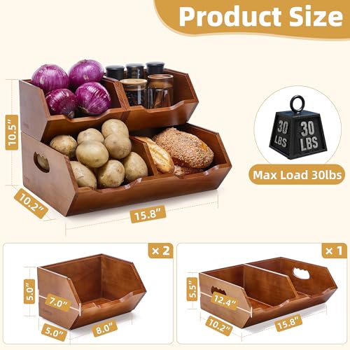 HYPIGO Wood Pantry Storage Basket and Fruit Basket Set, Stackable Kitchen Counter Organizer for Potatoes, Onions, Bread and Produce - Image 2