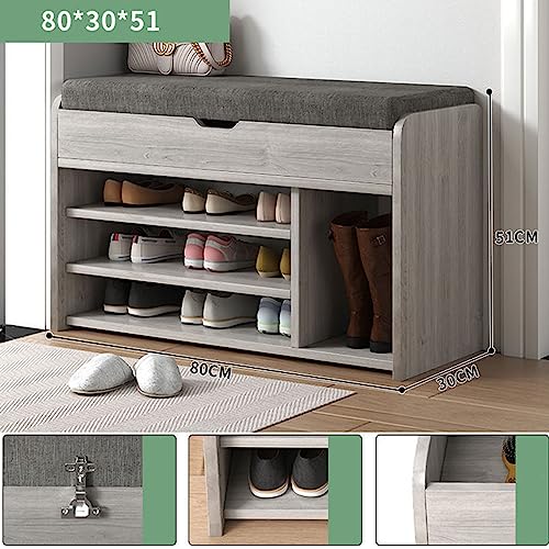 Banc à chaussures en bois gris avec assise rembourrée et étagère de rangement - 4