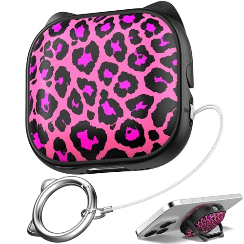 Image of for AirPods 4 Case with Cleaning Kit, Cute Cat Ear Print Design & Cute Buckle, Inverted Phone Holder Design, Top Safe Lock Buckle Design, for Girls AirPods 4 case 2024, Rose Leopard