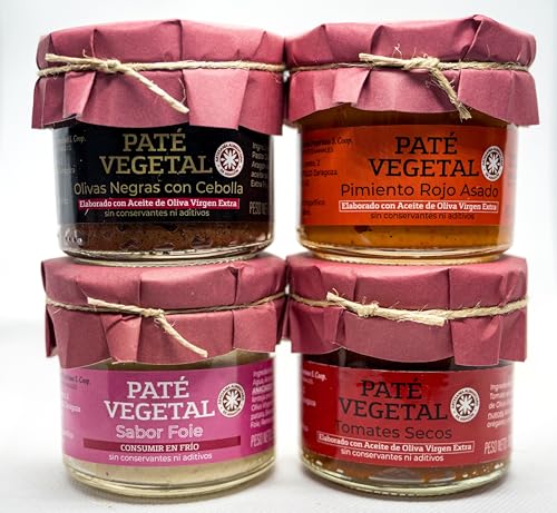 PACK 4 UNIDADES VARIADAS PATÉ VEGETAL DE Olivas de Aragón con Cebolla Pimientos rojos Asados Sabor Foie Tomates Secos 100% VEGANO Elaborado con Aceite de Oliva Virgen Extra