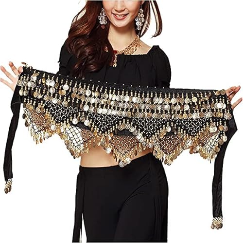 Kiboule Cachecol Fenino Sweet Bellydance para Quadril com Saias Moedas Douradas Envoltório Preto Noi