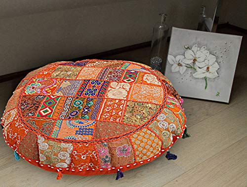 Ganesham Indian Handmade Vintage Patchwork Cotton Boho Chic Bohemian Hand Embroidered Decorative Ethnic Foot Stool Round Floor Pillows & Cushion Cover Seating Pouf Ottoman (Orange, 32 Inch) #TOP1