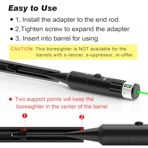 StrongTools Green BoreSighter for .17 to 12GA Caliber Rifle and Handgun Universal Hunting Green Dot Boresight Kit with Press Switch Bore Sight with 2 Pieces CR2 Batteries (2 Packs Adapter, Green)