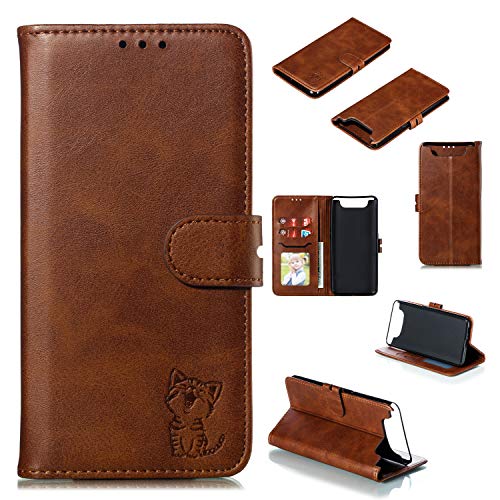 Robinsoni Case Compatible with Samsung Galaxy A90 Retro Leather Wallet Cover with Card Holder Slots Cat Printed Folio Flip Book Cover TPU Silicone Inner Case Kickstand Magnetic Closure Case, Brown
