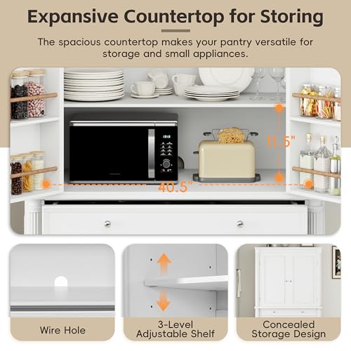Image of Ball & Cast 77″Tall Freestanding Kitchen Pantry Cabinet with 5 Drawers,43 inch W Versatile Farmhouse Pantry Storage Cabinet w /Adjustable Shelves and 6 Door Shelves,for Kitchen and Dining Room,White