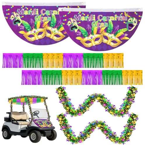 Mardi Carnival Gras Decorations Kit with String Lights Battery Operated - Purple Gold Green Fringe Garland Set for Golf Cart Wagon Car Parade Float Decor Party Supplies (Battery Excluded)
