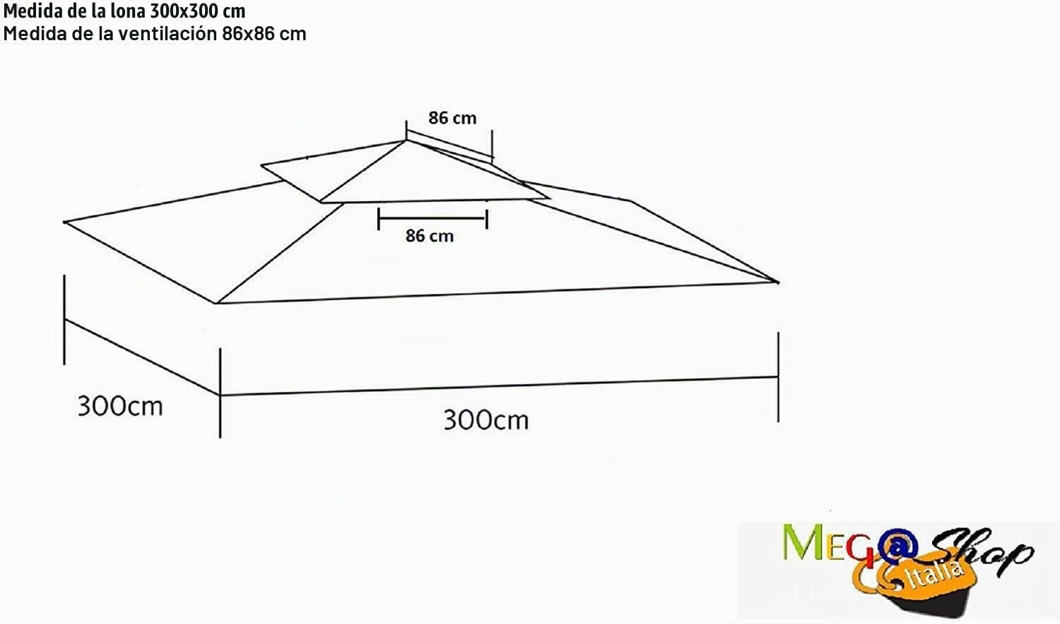 Top Lona de Cobertura para cenador de Repuesto 3 x 3 m Beige con Airvent Enganche Cantos Solo Lona