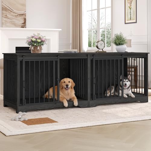 Hzuaneri 77.6 Dog Crate Furniture for 2 Dogs Double Dog Cage with Divider Wooden Heavy Duty Dogs Kennel Pet Cage with Barn Door TV Stand for Large Small Medium Pet Black DFC83704B