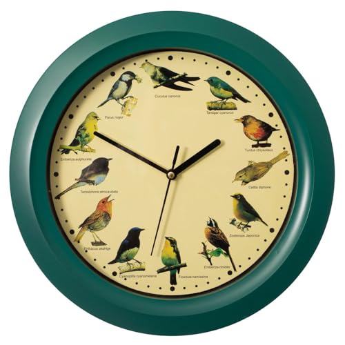 Clockswise 12 Round Decorative Singing Bird Wall Clock Battery-Operated with Wild Nature Sounds Hourly Chime (Green)