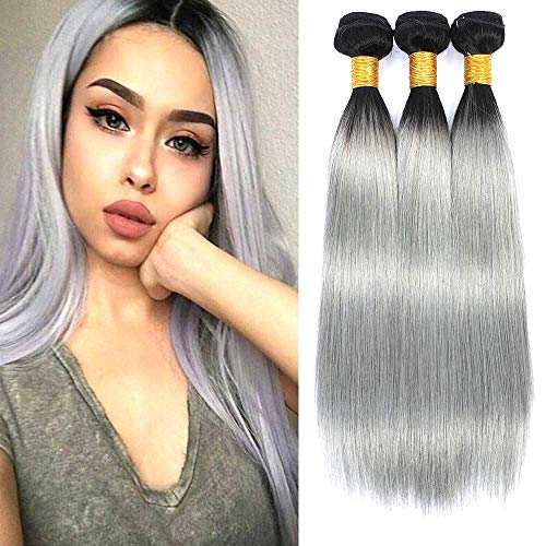 Ombre Bundles Human Hair Black To Silver Grey Straight Bundles Brazilian Virgin Human Hair Extensions 1B/Grey 2 Tone Ombre Human Hair Weave Double Weft Mixed Length Short Bundle 10 12 14 Inch