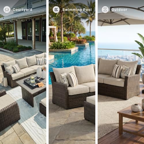 Image of Signature Design by Ashley Brook Ranch Outdoor Sectional, 3-Piece Patio Furniture Set with Rust-Free Aluminum Frame, L Shaped Resin Wicker Couch and Bench for Backyard Entertaining, Beige & Brown