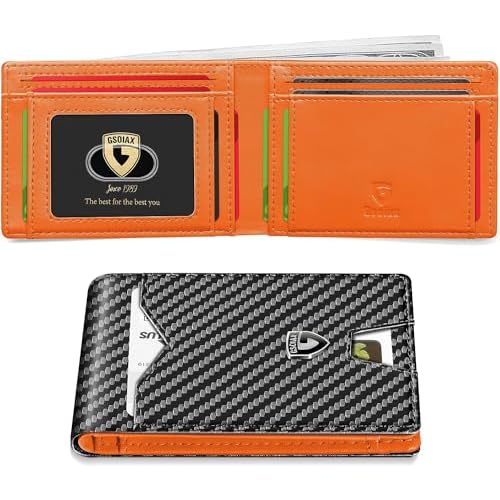 GSOIAX Slim Wallet for Men Rfid Blocking Leather Bifold Front Pocket Carbon Fiber Credit Card Holder Stocking Stuffers With Gift Box (Carbon Black and Orange)