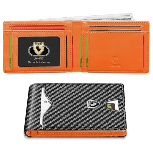 GSOIAX Slim Wallet for Men Rfid Blocking Leather Bifold Front Pocket Carbon Fiber Credit Card Holder With Gift Box (Carbon Black and Orange)
