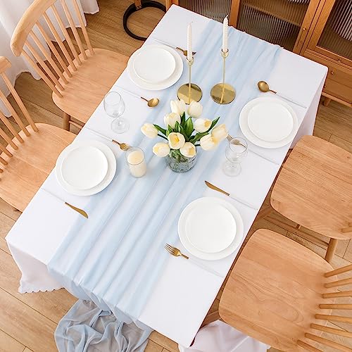 CHUQING Chiffon Tischläufer Hochzeit Tischdeko Stoff Tischdecke Hellblau – Ansicht 6