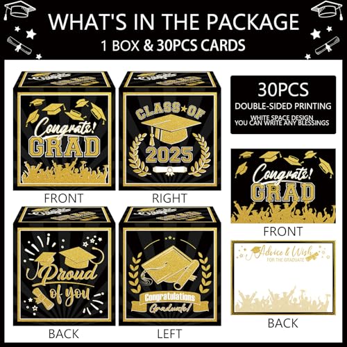 Image of Graduation Card Box 2026 Black and Gold Class of 2026 Card Box with 30PCS Graduation Advice Cards for Congrats Grad Party Favors Supplies