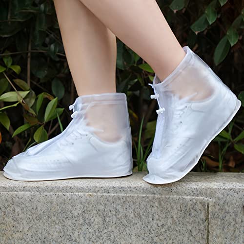 Image of Coume 2 Pairs Rain Shoes Cover Non Slip Waterproof Shoe Covers Reusable Protectors Covers High Top Snow Boots Galoshes Overshoes for Men Women Outdoor Cycling Camping Fishing(Large,White)