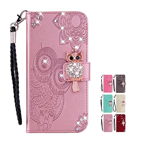 KM-Panda - Funda con Tapa para Apple iPhone 6S 6 (Piel sintética, Tarjetero), diseño de búho, Color Dorado Rosa