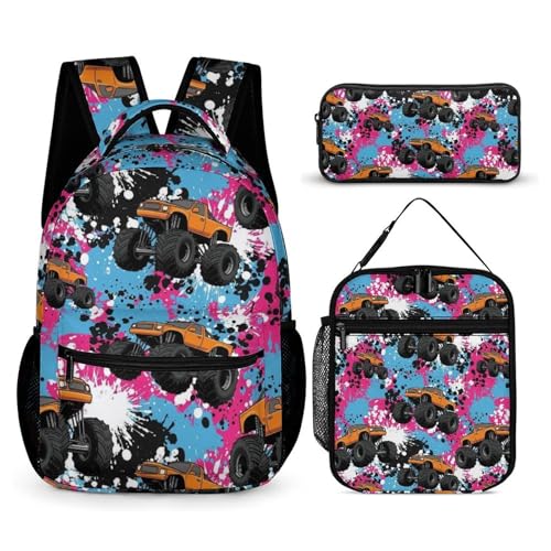 Backpack Book Bags with Lunch Box Storage Bag Backpack Set Daypack with Lunch Bag and Cosmetic Bags (Splash Ink Monster Truck)