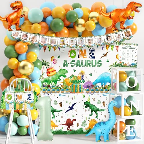 One a Saurus Birthday Decorations 105Pcs Dinosaur 1st Birthday Party Supplies for Boy Dinosaur Balloon Garland Balloon Box Backdrop Monthly Photo Highchair Banner Tablecloth Cake Topper Hat Poster