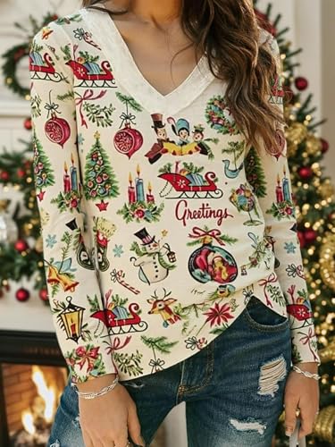 Christmas Snowman Print Shirt for Women Cute Xmas Tree Santa Print Long Sleeve Tshirts Casual V Neck Fall Shirts Tops3