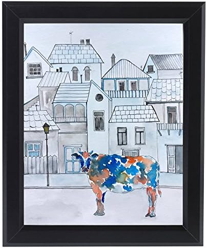 Cow in the city painting, Original Watercolor, Cow art, Cow lover gift, City art, Whimsical art, Gift for dad, Cow illustration, Animal art, Modern Farmhouse Decor, Colorful cow, Blue and orange cow