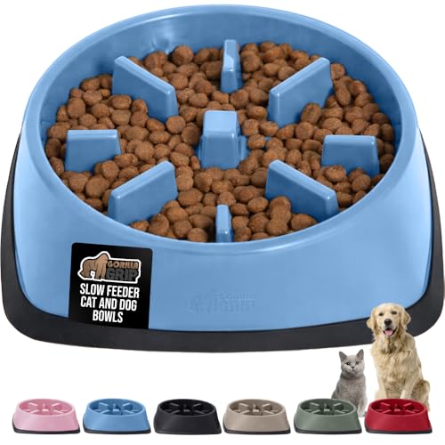GORILLA GRIP Patented BPA Free Slow Feeder Dog Bowls, Interactive Puzzle Toy for Dogs and Cats Food Training Enrichment, Keeps Pets Busy and Prevents Puppy Overeating, All Breeds, 2 Cup, Light Blue