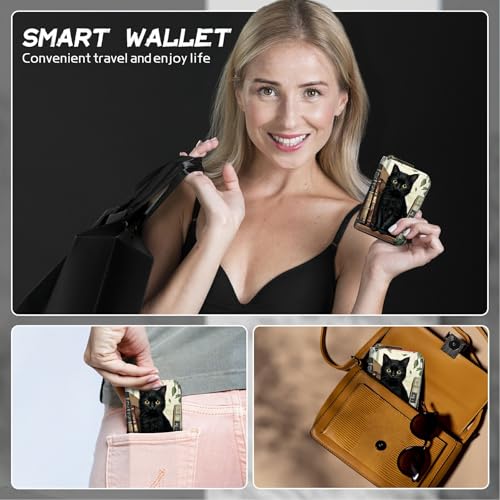 Image of Cute Credit Card Holder with Zipper, Black Cat Books RFID-Blocking Card Case Small Wallet for Women Men, Multi-slot Card Organizer Case Travel Accordion Wallet