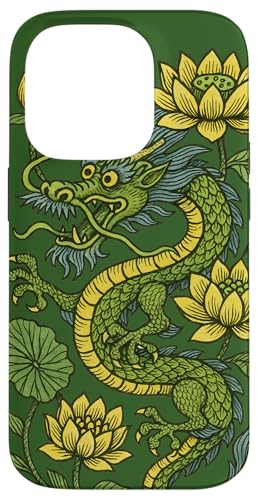 中国のドラゴンと蓮の花 フローラルドラゴン スマホケース iPhone 14 Pro 用
