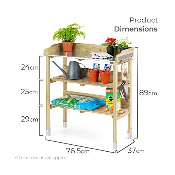 CHRISTOW Potting Table Bench With Hooks & Shelves, Wooden Outdoor Garden Table For Potting Plants, Galvanised Metal Top, H89cm x W76.5cm x D37cm - Image 7