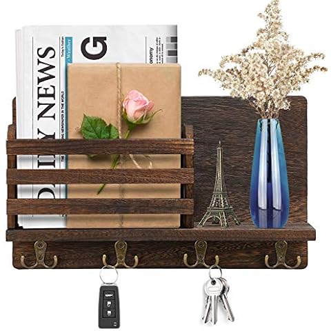 Wall Mounted Mail Holder Key Holder Organizer, Wall Mounted Key Hooks Key Floating Shelf Holder Wall Key Shelf Rack Key Hanger Wooden Mail Sorter Letter Sorter Rustic Home Decor for Entryway Office Cover